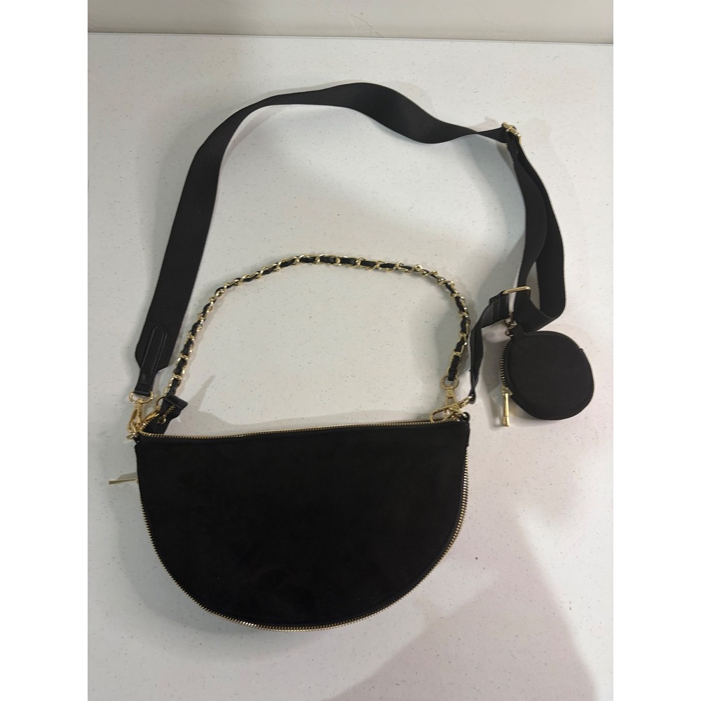 Sondra Roberts Squared Black Suede Crescent Crossbody Bag with Coin Pouch Gold